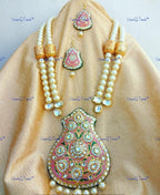 VeroniQ Trends-Elegant Layered Gold Plated Meenakari Kundan Long Necklace With Pearl Kundan-Gold Plated-Wedding Jewelry-Punjabi Jewelry-South Indian-Thappa Jewelry