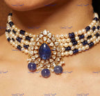 VeroniQ Trends-Victorian Multistrand Pearl Beaded Sapphire And Polki Silver Choker Necklace 92.5 Silver Moissanite Diamond Polki-Sapphire Stone-Gold Plated-Wedding Jewelry-Punjabi Jewelry-South Indian-Thappa Jewelry