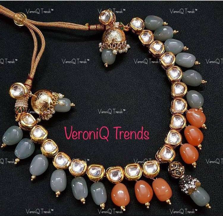 VeroniQ Trends-Beautiful Single Line Gold Plated Heavy Kundan Choker Necklace With Beads Kundan-Gold Plated-Wedding Jewellery-Punjabi Jewellery-South Indian-Thappa Jewellery