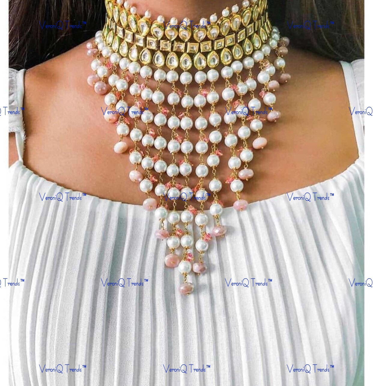 VeroniQ Trends-Beautiful Layed Gold Plated Pearl Kundan Choker Necklace Kundan-Gold Plated-Wedding Jewellery-Punjabi Jewellery-South Indian-Thappa Jewellery
