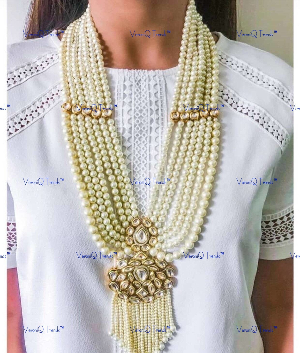 VeroniQ Trends-Beautiful layered Gold Plated Pearl Kundan Long Necklace Kundan-Gold Plated-Wedding Jewellery-Punjabi Jewellery-South Indian-Thappa Jewellery