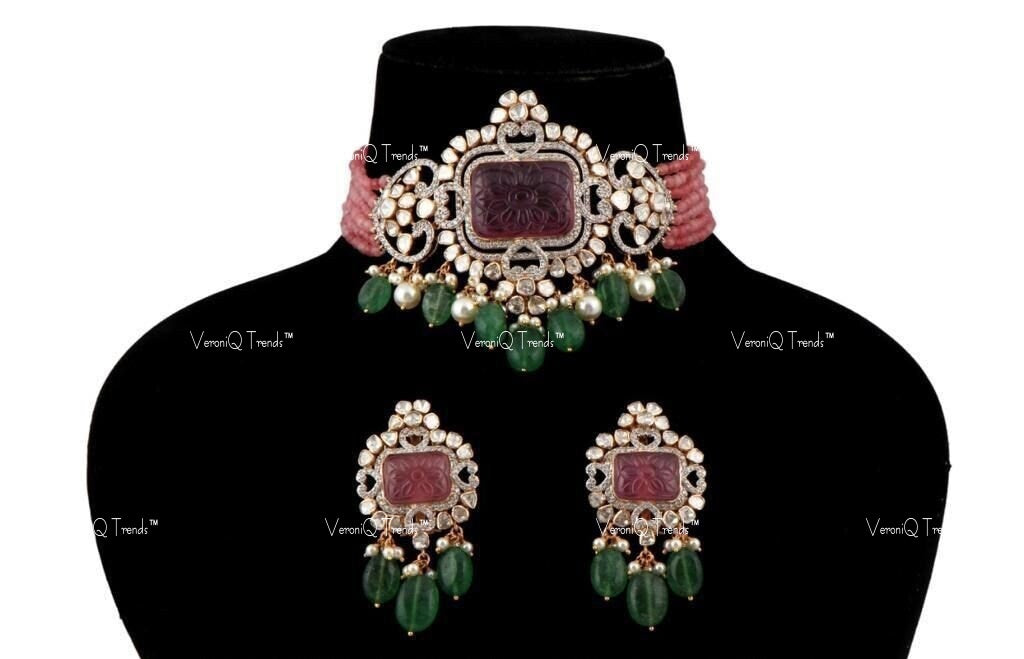 VeroniQ Trends-Victorian Multistrand Ruby And Polki Silver Choker Necklace With Green Quartz Beads 92.5 Silver Moissanite Diamond Polki-Ruby Stone-Gold Plated-Wedding Jewellery-Punjabi Jewellery-South Indian-Thappa Jewellery