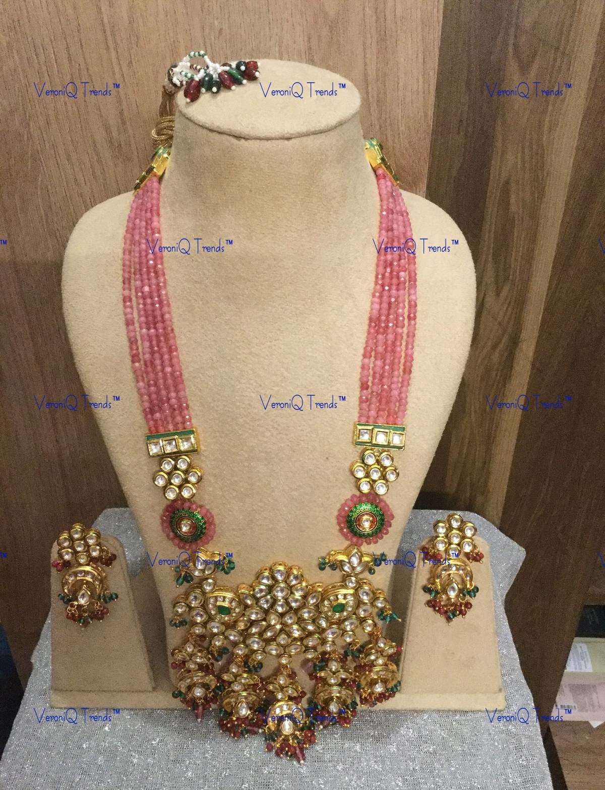 VeroniQ Trends-Elegant Gold Plated Multistrand Pink Beads And Kundan Long Rani Haar Necklace Kundan-Gold Plated-Wedding Jewellery-Punjabi Jewellery-South Indian-Thappa Jewellery