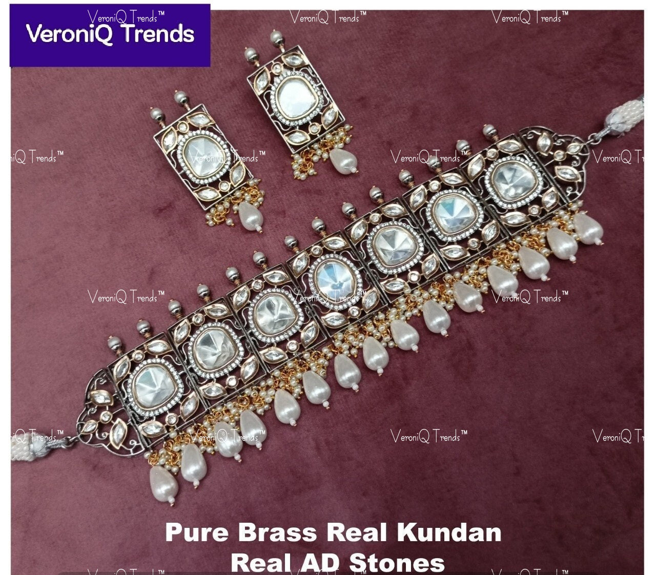 VeroniQ Trends-Beautiful Gold Plated Kundan And Meenakari Choker Necklace With Pearl Drop Kundan-Gold Plated-Wedding Jewellery-Punjabi Jewellery-South Indian-Thappa Jewellery