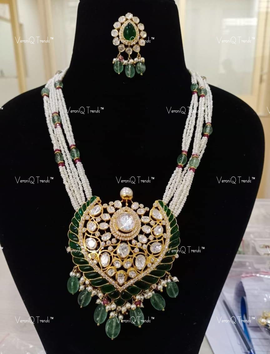 VeroniQ Trends-Victorian Multistrand Pearl Beaded Emerald And Polki Silver Necklace With Green Quartz Beads 92.5 Silver Moissanite Diamond Polki-Emerald Stone-Gold Plated-Wedding Jewellery-Punjabi Jewellery-South Indian-Thappa Jewellery