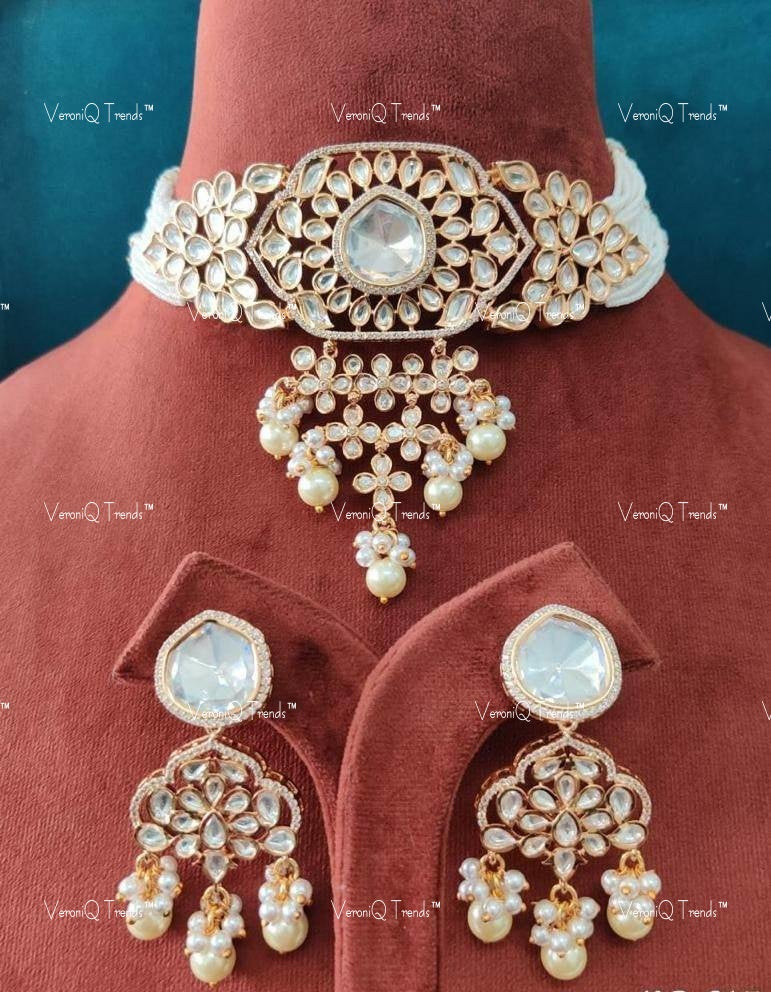 VeroniQ Trends-Traditional Gold Plated Multistrand Pearl Polki Choker Necklace Polki-Gold Plated-Wedding Jewellery-Punjabi Jewellery-South Indian-Thappa Jewellery