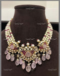 VeroniQ Trends-Beautiful Victorian Multistrand Pearl Ruby And Polki Silver Necklace With Pink Quartz Beads 92.5 Silver Moissanite Diamond Polki-Ruby Stone-Gold Plated-Wedding Jewellery-Punjabi Jewellery-South Indian-Thappa Jewellery