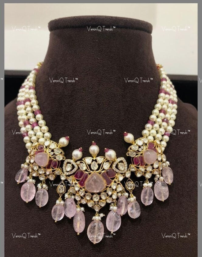 VeroniQ Trends-Beautiful Victorian Multistrand Pearl Ruby And Polki Silver Necklace With Pink Quartz Beads 92.5 Silver Moissanite Diamond Polki-Ruby Stone-Gold Plated-Wedding Jewellery-Punjabi Jewellery-South Indian-Thappa Jewellery