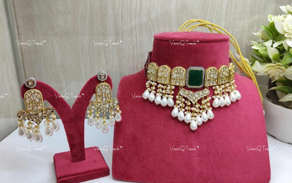 VeroniQ Trends-Traditional Gold Plated Polki Choker Necklace With Pearl Drop Polki-Gold Plated-Wedding Jewellery-Punjabi Jewellery-South Indian-Thappa Jewellery