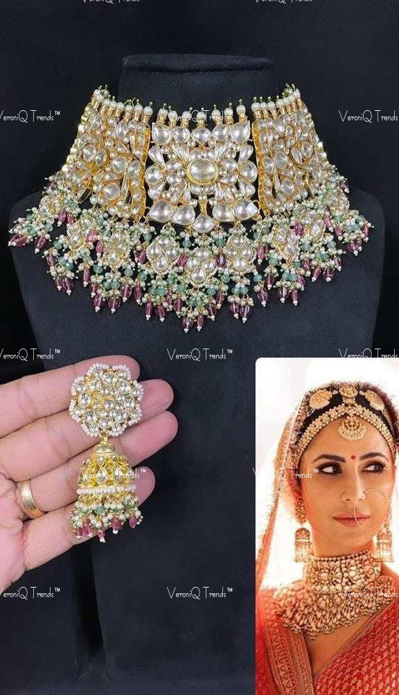 VeroniQ Trends-Bridal Gold Plated Kemp Stone Pachi Kundan Choker Necklace Kundan-Gold Plated-Wedding Jewellery-Punjabi Jewellery-South Indian-Thappa Jewellery