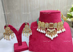 VeroniQ Trends-Traditional Gold Plated Polki Choker Necklace With Pearl Drop Polki-Gold Plated-Wedding Jewelry-Punjabi Jewelry-South Indian-Thappa Jewelry