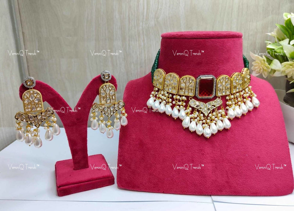 VeroniQ Trends-Traditional Gold Plated Polki Choker Necklace With Pearl Drop Polki-Gold Plated-Wedding Jewellery-Punjabi Jewellery-South Indian-Thappa Jewellery