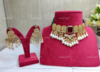 VeroniQ Trends-Traditional Gold Plated Polki Choker Necklace With Pearl Drop Polki-Gold Plated-Wedding Jewelry-Punjabi Jewelry-South Indian-Thappa Jewelry