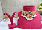 VeroniQ Trends-Traditional Gold Plated Polki Choker Necklace With Pearl Drop Polki-Gold Plated-Wedding Jewelry-Punjabi Jewelry-South Indian-Thappa Jewelry