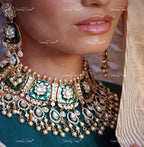 VeroniQ Trends-Traditional Bridal Gold Plated MeenaKari Pachi Kundan Choker Necklace With Earrings And Maang Tika Kundan-Gold Plated-Wedding Jewelry-Punjabi Jewelry-South Indian-Thappa Jewelry