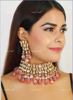 VeroniQ Trends-Elegant Party Wear Gold Plated Kundan Choker Necklace With Pink Beads Kundan-Gold Plated-Wedding Jewelry-Punjabi Jewelry-South Indian-Thappa Jewelry