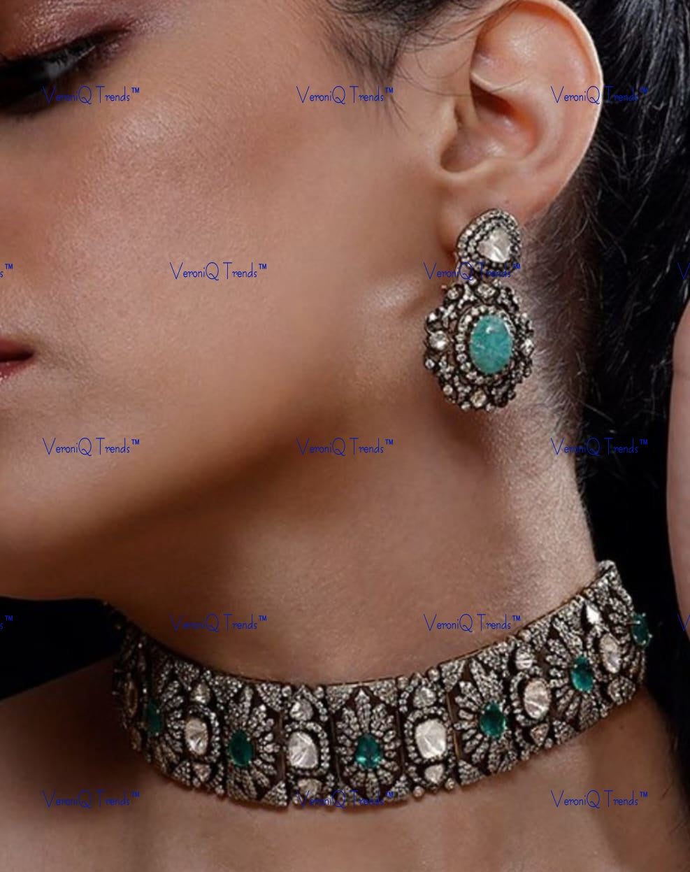 VeroniQ Trends-Cocktail Party Look Victorian Turquoise Blue Stone And Polki Silver Choker Necklace 92.5 Silver Moissanite Diamond Polki-Gold Plated-Wedding Jewellery-Punjabi Jewellery-South Indian-Thappa Jewellery