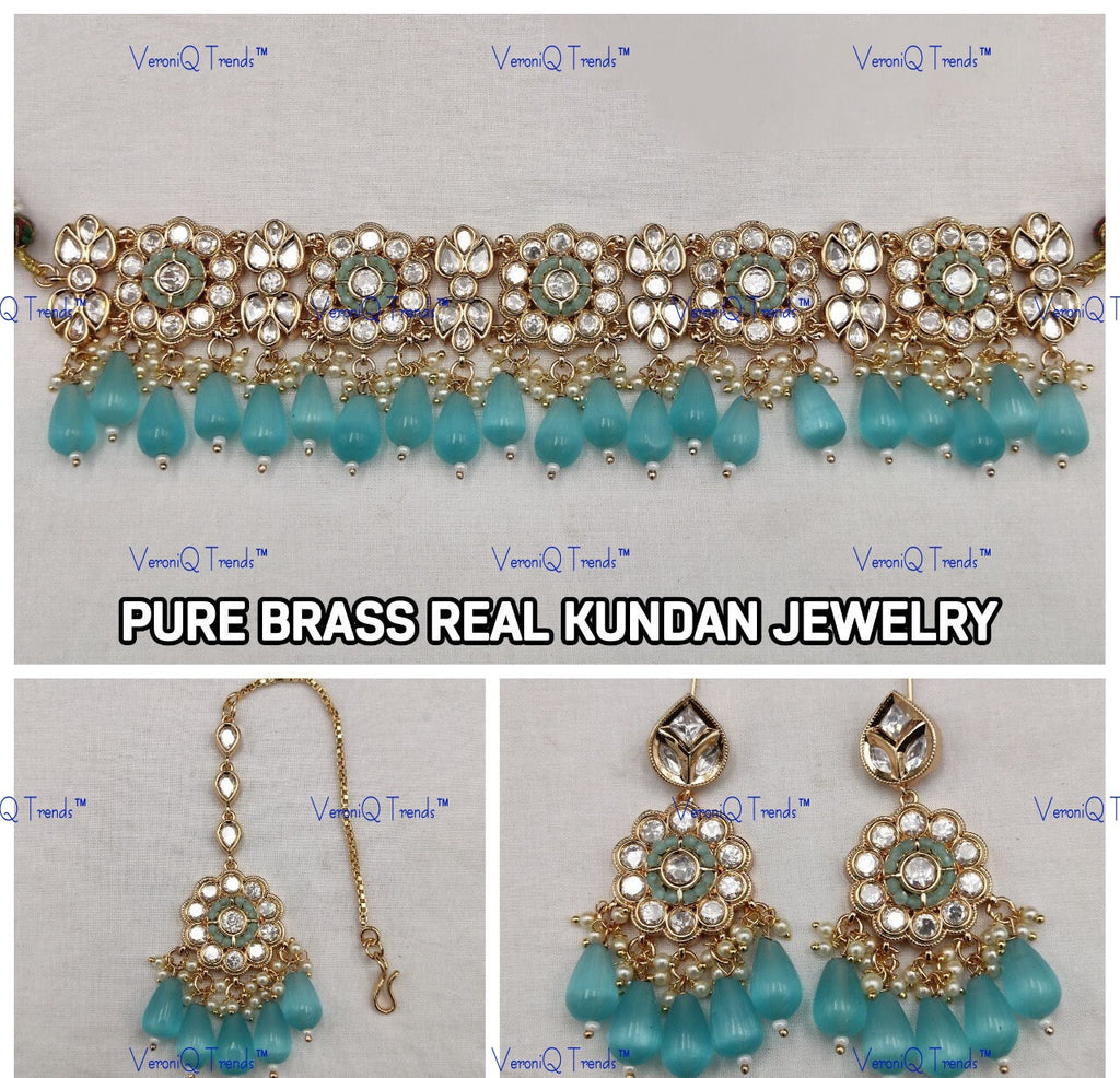 VeroniQ Trends-Beautiful Gold Plated Polki Choker Necklace With Beads Polki-Gold Plated-Wedding Jewellery-Punjabi Jewellery-South Indian-Thappa Jewellery
