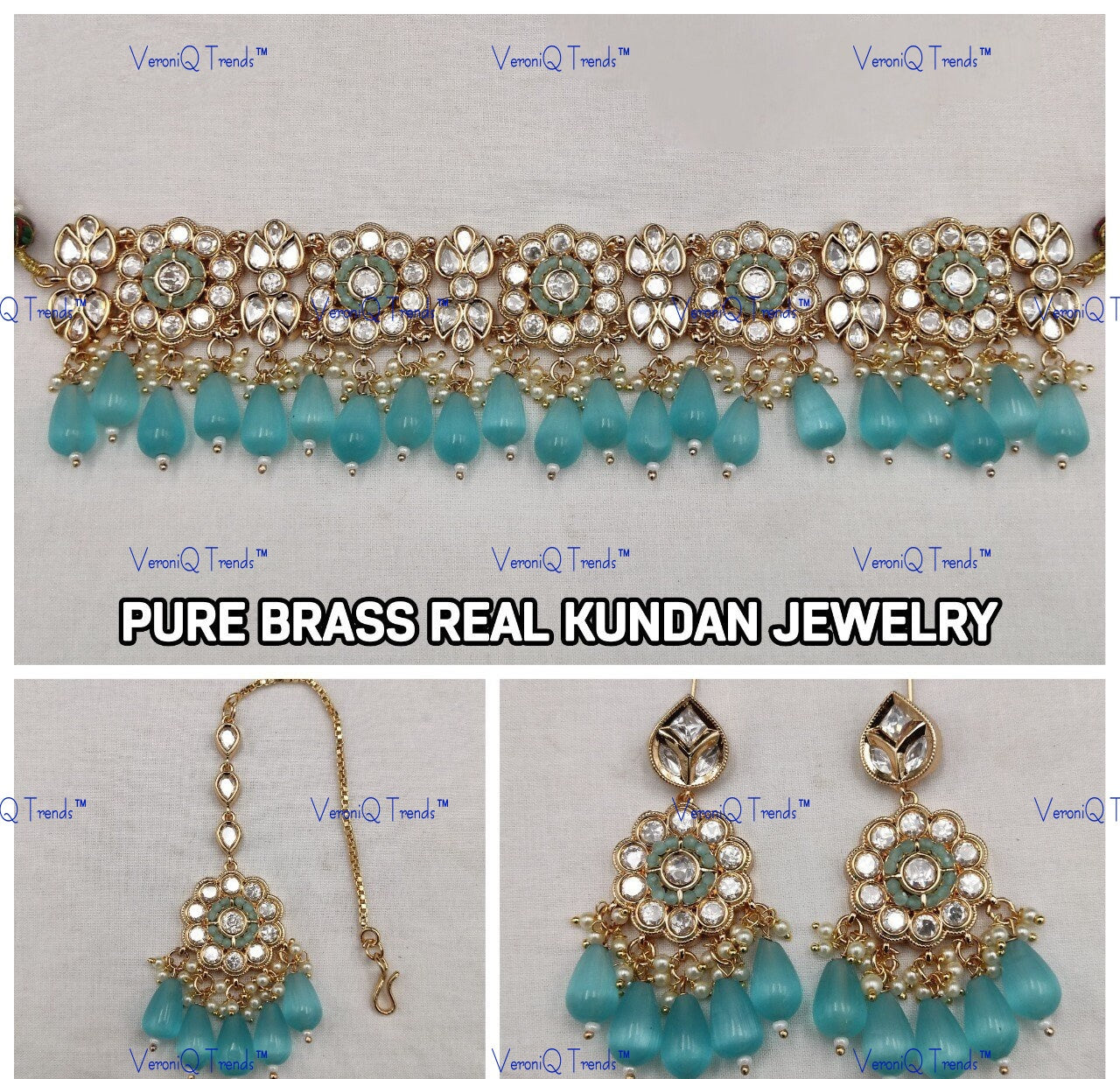 VeroniQ Trends-Beautiful Gold Plated Polki Choker Necklace With Beads Polki-Gold Plated-Wedding Jewellery-Punjabi Jewellery-South Indian-Thappa Jewellery
