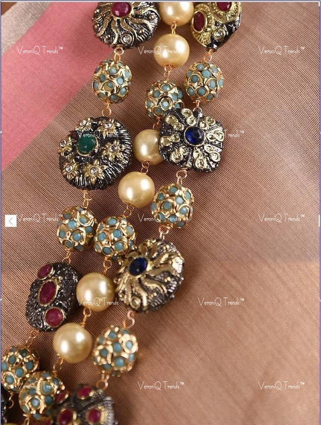VeroniQ Trends-Traditional Jaipuri Mala Style Gold Plated Kemp Stone Beads Pachi Kundan Long Necklace Pachi Kundan-Gold Plated-Wedding Jewellery-Punjabi Jewellery-South Indian-Thappa Jewellery