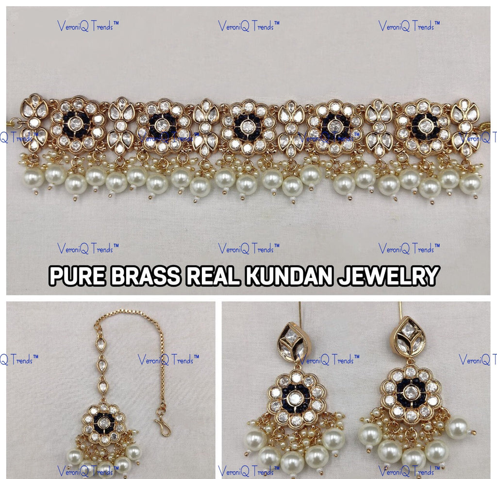 VeroniQ Trends-Beautiful Gold Plated Polki Choker Necklace With Beads Polki-Gold Plated-Wedding Jewellery-Punjabi Jewellery-South Indian-Thappa Jewellery