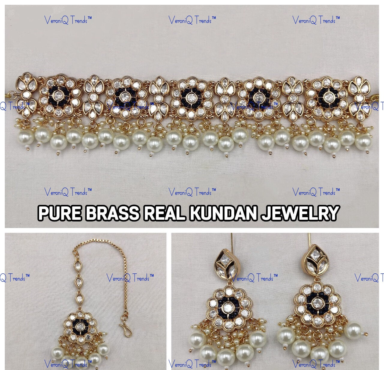 VeroniQ Trends-Beautiful Gold Plated Polki Choker Necklace With Beads Polki-Gold Plated-Wedding Jewellery-Punjabi Jewellery-South Indian-Thappa Jewellery