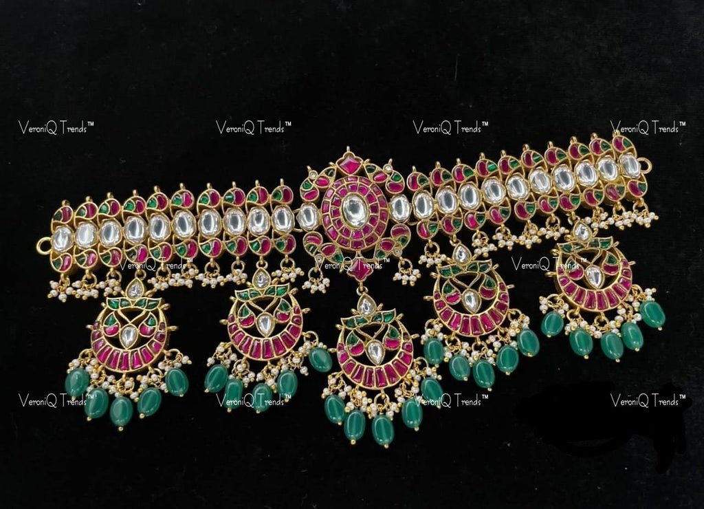 VeroniQ Trends-Traditional Temple Gold Plated Kemp Stone Pachi Kundan Choker Necklace Pachi Kundan-Gold Plated-Wedding Jewellery-Punjabi Jewellery-South Indian-Thappa Jewellery