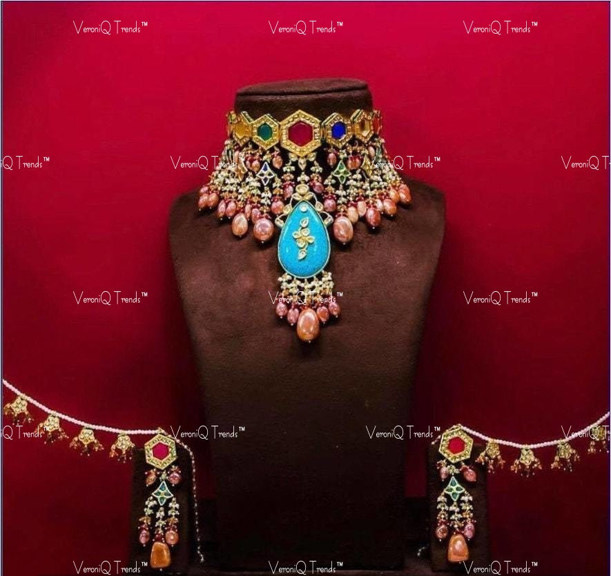 VeroniQ Trends-Traditional Bridal Navratan Stone Gold Plated Meenakari Beads Pachi Kundan Choker Necklace Pachi Kundan-Gold Plated-Wedding Jewellery-Punjabi Jewellery-South Indian-Thappa Jewellery