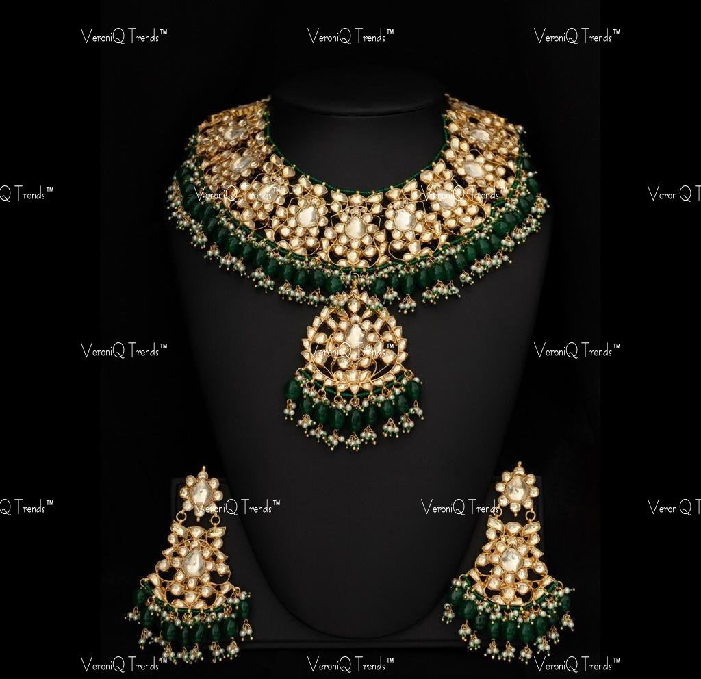 VeroniQ Trends-Traditional Bridal Gold Plated Pachi Kundan Necklace Pachi With Green Beads Kundan-Gold Plated-Wedding Jewellery-Punjabi Jewellery-South Indian-Thappa Jewellery