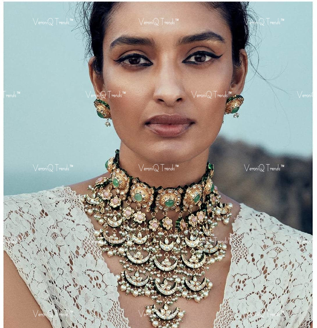 VeroniQ Trends-Bikaneri Style Bridal Gold Plated Pachi Kundan Choker Necklace With Chandbali Drops Pachi Kundan-Gold Plated-Wedding Jewellery-Punjabi Jewellery-South Indian-Thappa Jewellery