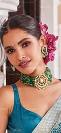 VeroniQ Trends-Party Wear Gold Plated Multistrand Fluorite Beads And Pachi Kundan Round Pendant Choker Necklace Pachi Kundan-Gold Plated-Wedding Jewellery-Punjabi Jewellery-South Indian-Thappa Jewellery