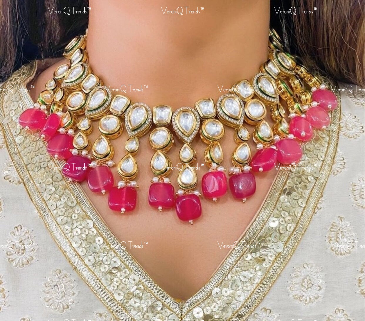 VeroniQ Trends-Party Wear Gold Plated Kundan Polki Necklace With Pink Beads Kundan-Gold Plated-Wedding Jewellery-Punjabi Jewellery-South Indian-Thappa Jewellery