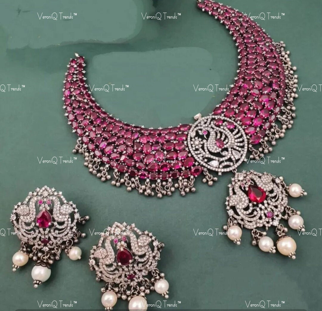 VeroniQ Trends-Elegant Peacock Motif Ruby And Silver CZ Choker Necklace Silver CZ-Gold Plated-Wedding Jewellery-Punjabi Jewellery-South Indian-Thappa Jewellery