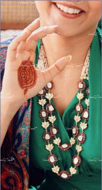 VeroniQ Trends-Jaipuri Mala Style Multistrand Pearl Gold Plated Kemp Stone Pachi Kundan Polki Long Necklace Kundan-Gold Plated-Wedding Jewelry-Punjabi Jewelry-South Indian-Thappa Jewelry