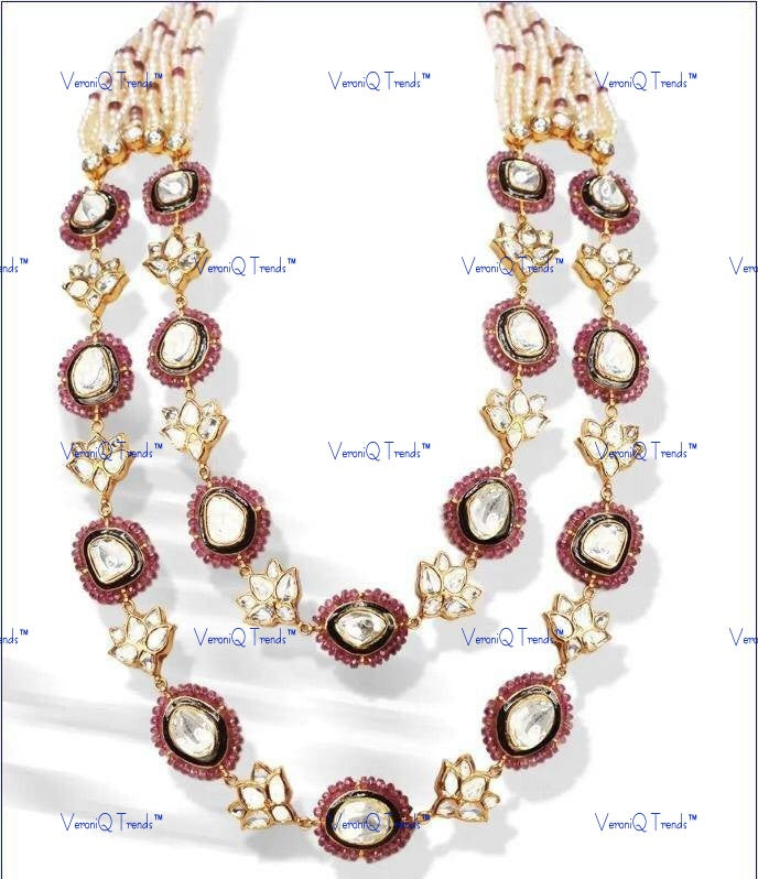 VeroniQ Trends-Jaipuri Mala Style Multistrand Pearl Gold Plated Kemp Stone Pachi Kundan Polki Long Necklace Kundan-Gold Plated-Wedding Jewellery-Punjabi Jewellery-South Indian-Thappa Jewellery