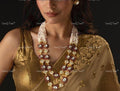 VeroniQ Trends-Jaipuri Mala Style Multistrand Pearl Gold Plated Kemp Stone Pachi Kundan Polki Long Necklace Kundan-Gold Plated-Wedding Jewellery-Punjabi Jewellery-South Indian-Thappa Jewellery