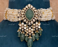 VeroniQ Trends-Traditional Victorian Multistrand Green Carved Stone And Polki Silver Choker Necklace With Quartz Beads 92.5 Silver Moissanite Diamond Polki-Emerald Stone-Gold Plated-Wedding Jewellery-Punjabi Jewellery-South Indian-Thappa Jewellery