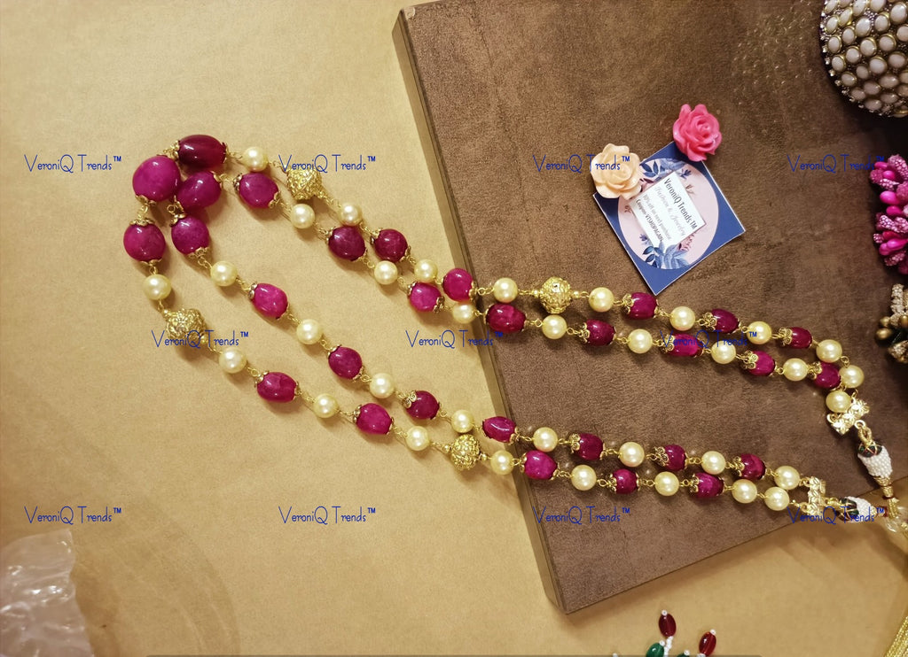 VeroniQ Trends-Beautiful Layered Gold Plated Pearl Kundan And Faux Ruby Beads Mala Necklace Kundan-Gold Plated-Wedding Jewellery-Punjabi Jewellery-South Indian-Thappa Jewellery