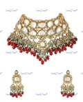 VeroniQ Trends-Traditional Bridal Gold Plated Kundan Choker Necklace With Red Beads Drop Kundan-Gold Plated-Wedding Jewellery-Punjabi Jewellery-South Indian-Thappa Jewellery