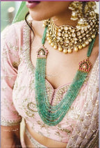 VeroniQ Trends-Traditional Bridal Gold Plated Pachi Kundan Choker And Green Beads Multistrand Long Necklace Pachi Kundan-Gold Plated-Wedding Jewelry-Punjabi Jewelry-South Indian-Thappa Jewelry