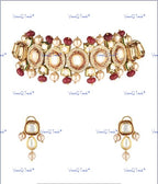 VeroniQ Trends-Party Wear Gold Plated Kundan Choker Necklace With Red Beads Kundan-Gold Plated-Wedding Jewelry-Punjabi Jewelry-South Indian-Thappa Jewelry