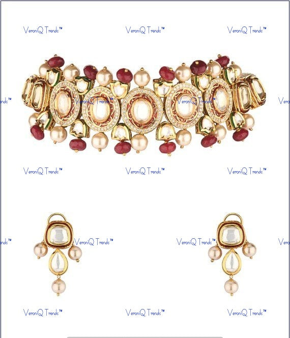VeroniQ Trends-Party Wear Gold Plated Kundan Choker Necklace With Red Beads Kundan-Gold Plated-Wedding Jewellery-Punjabi Jewellery-South Indian-Thappa Jewellery