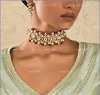 VeroniQ Trends-Party Wear Gold Plated Kundan Choker Necklace With Red Beads Kundan-Gold Plated-Wedding Jewelry-Punjabi Jewelry-South Indian-Thappa Jewelry