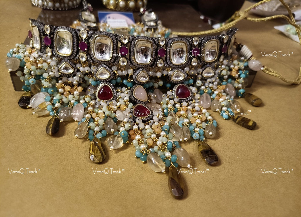 VeroniQ Trends-Victorian Party Wear Gold Plated Kundan Polki Choker Necklace With Multicolour Beads Kundan-Gold Plated-Wedding Jewellery-Punjabi Jewellery-South Indian-Thappa Jewellery