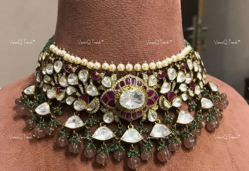 VeroniQ Trends-Traditional Bridal Gold Plated Pearl And Polki Pachi Kundan Choker Necklace With Pumpkin Beads Polki Pachi Kundan-Gold Plated-Wedding Jewellery-Punjabi Jewellery-South Indian-Thappa Jewellery