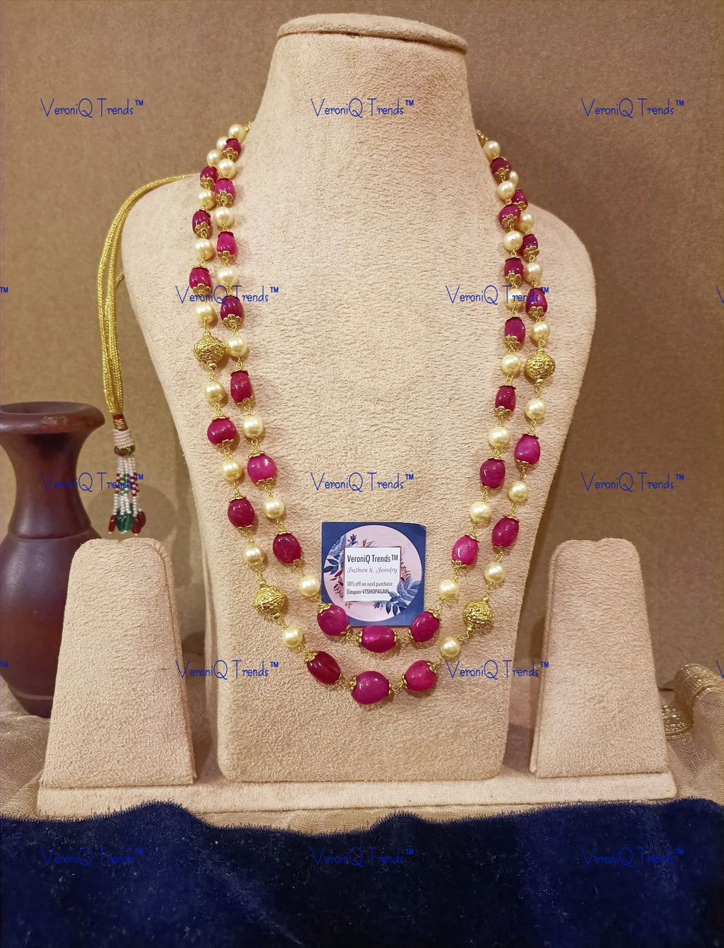VeroniQ Trends-Beautiful Layered Gold Plated Pearl Kundan And Faux Ruby Beads Mala Necklace Kundan-Gold Plated-Wedding Jewellery-Punjabi Jewellery-South Indian-Thappa Jewellery