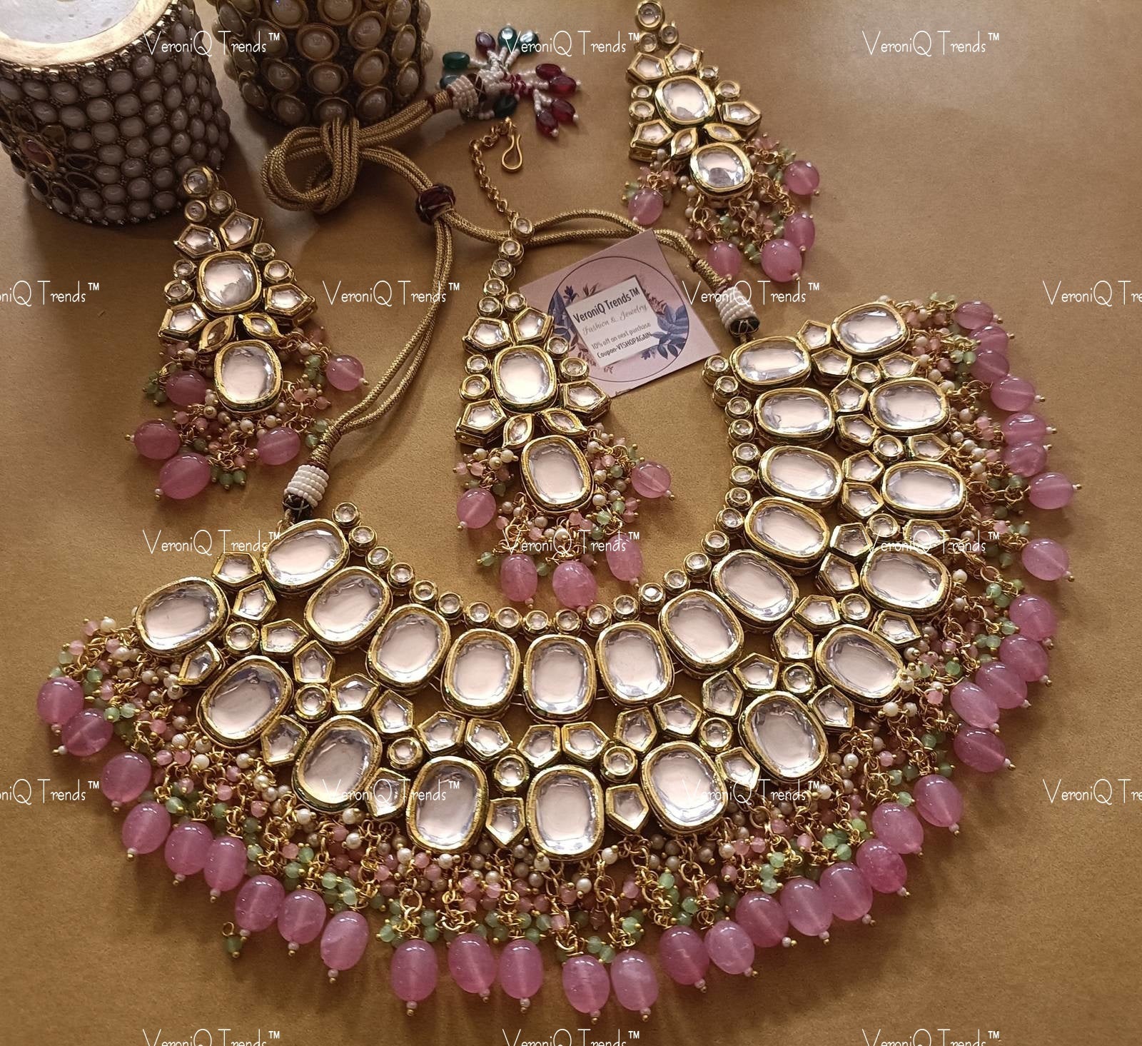 VeroniQ Trends-Bridal Gold Plated Kundan Choker Necklace With Pink Quartz Beads Kundan-Gold Plated-Wedding Jewellery-Punjabi Jewellery-South Indian-Thappa Jewellery