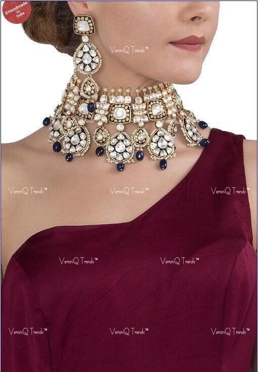 VeroniQ Trends-Beautiful Gold Plated Blue Meenakari Pachi Kundan Choker Necklace Pachi Kundan-Gold Plated-Wedding Jewellery-Punjabi Jewellery-South Indian-Thappa Jewellery