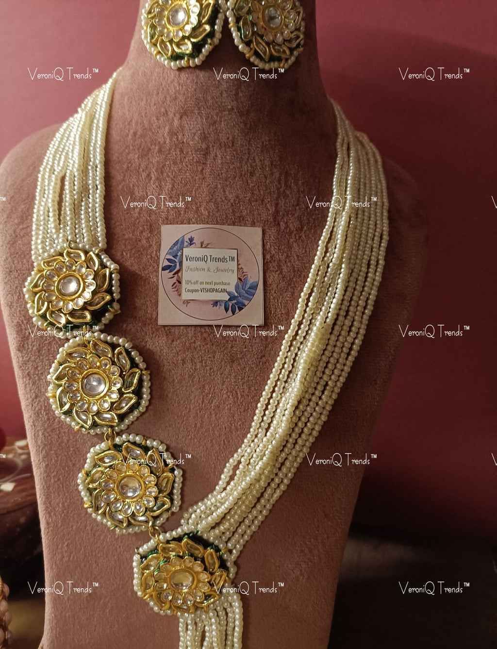 VeroniQ Trends-Beautiful Multistrand Floral Style Gold Plated Pearl Kundan Long Necklace Kundan-Gold Plated-Wedding Jewellery-Punjabi Jewellery-South Indian-Thappa Jewellery
