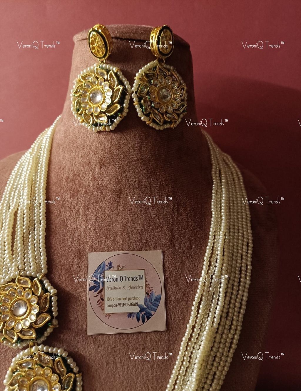 VeroniQ Trends-Beautiful Multistrand Floral Style Gold Plated Pearl Kundan Long Necklace Kundan-Gold Plated-Wedding Jewellery-Punjabi Jewellery-South Indian-Thappa Jewellery